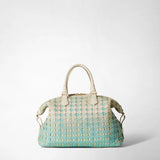 Frontal view — ANI BAG IN MOSAICO MESTIERI D'ARTE shows a small bauletto handbag in Bokashi Ice with cream-colored handles, two-tone Mosaico leather weave and gold hardware against a neutral background.