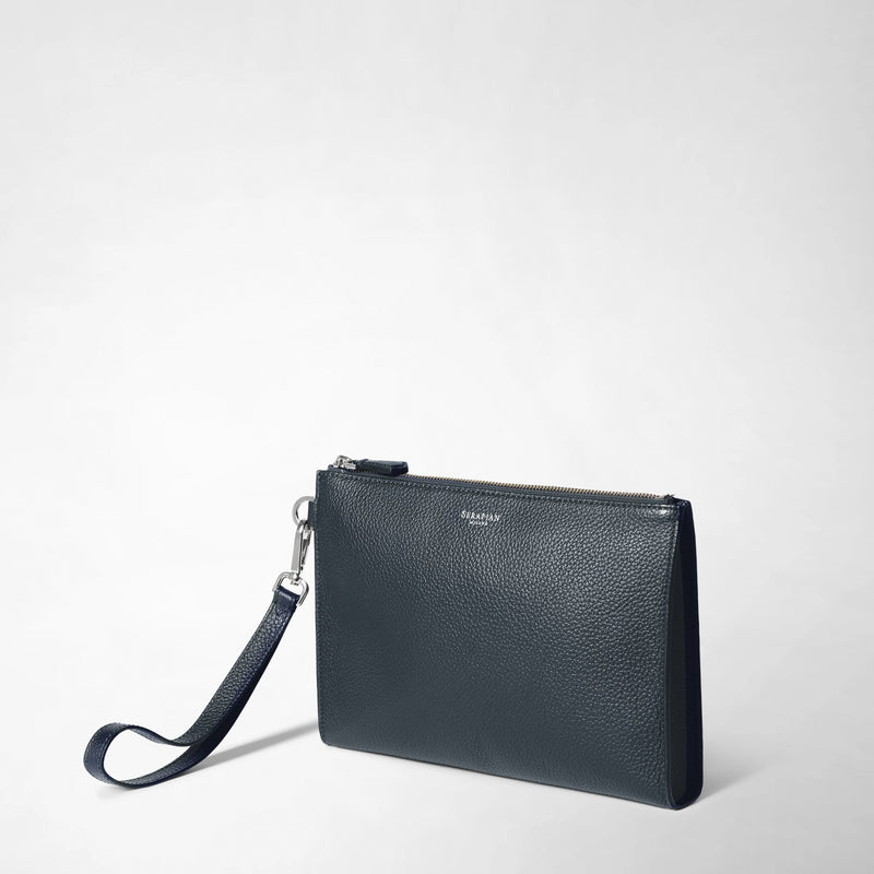 Pouch with zip in cachemire leather - navy blue