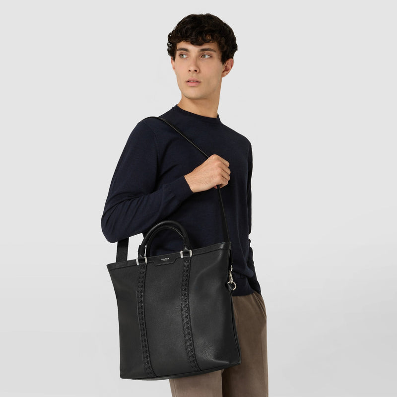 Foldable tote bag in cachemire leather and mosaico - black