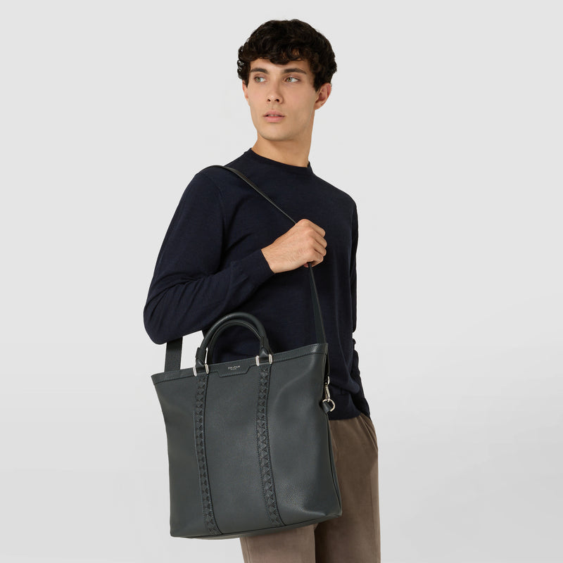 Foldable tote bag in cachemire leather and mosaico - navy blue