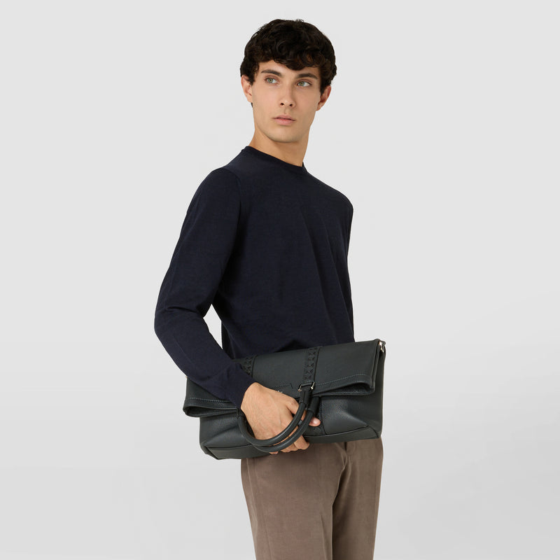 Foldable tote bag in cachemire leather and mosaico - navy blue