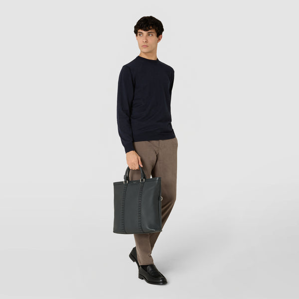 Foldable tote bag in cachemire leather and mosaico - navy blue