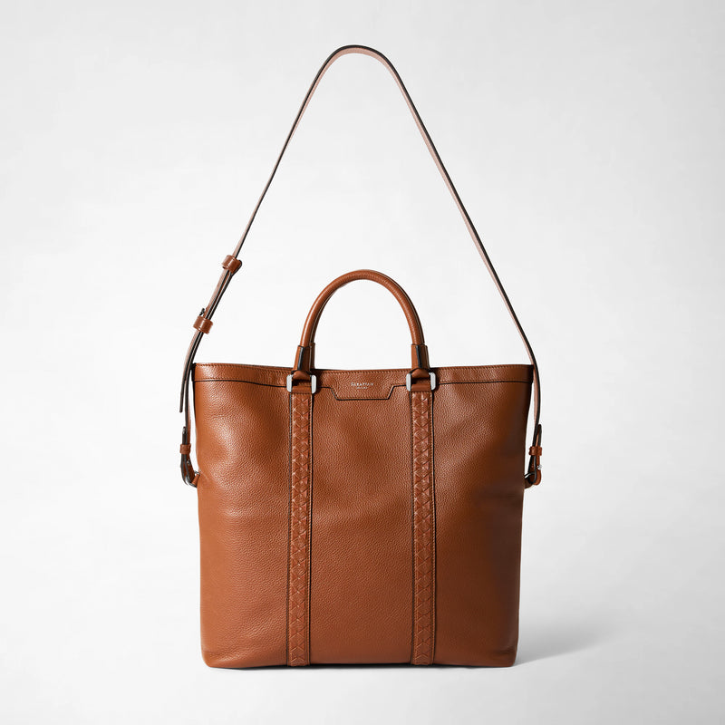 Foldable tote bag in cachemire leather and mosaico - tobacco