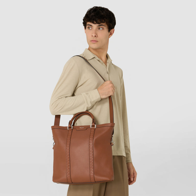 Foldable tote bag in cachemire leather and mosaico - tobacco