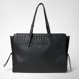 Front view: MAXI MARO BAG IN CACHEMIRE LEATHER AND MOSAICO stands upright, shows an embossed Mosaico top panel, supple pebbled cachemire leather, long handles and leather straps knotted at the sides; embossed 'SERAPIAN MILANO' logo.