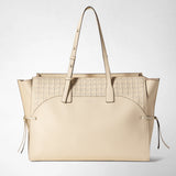 Front view: MAXI MARO BAG IN CACHEMIRE LEATHER AND MOSAICO shows a cream-colored large tote bag with a Mosaico top, supple Cachemire leather, side knots, and long adjustable handles.