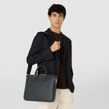 Slim briefcase with double zip in evoluzione leather - navy blue