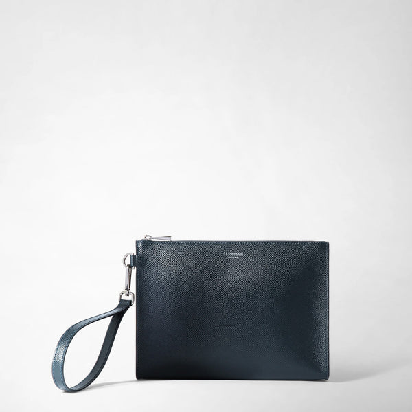 Pouch with zip in evoluzione leather - navy blue