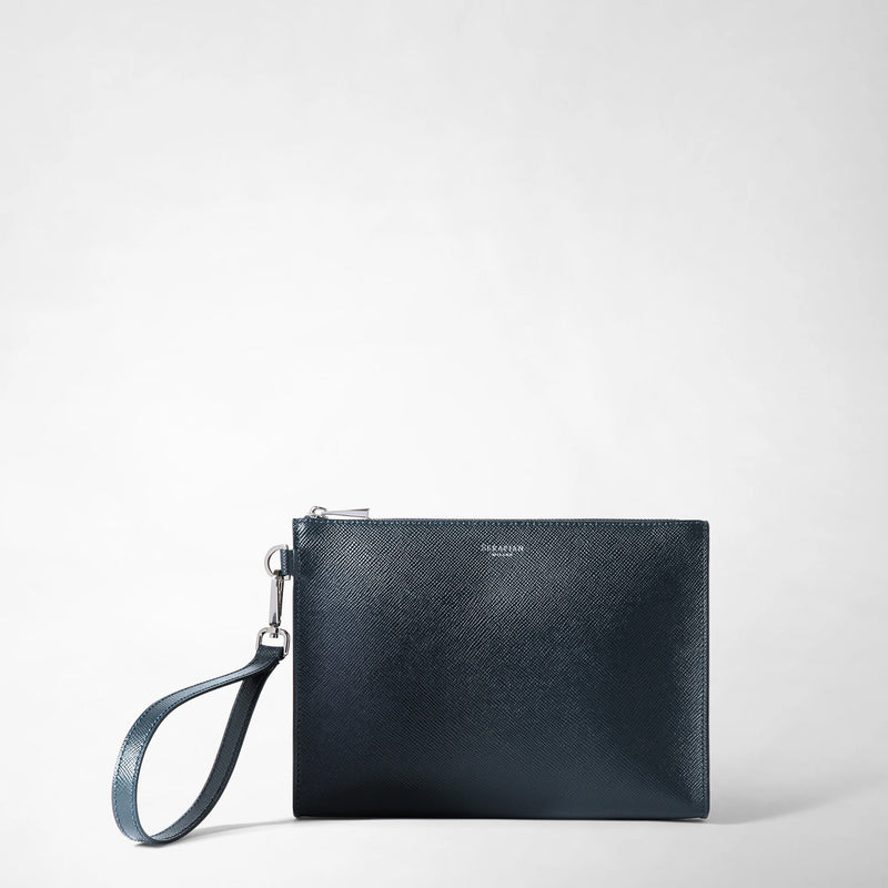 Pouch with zip in evoluzione leather - navy blue