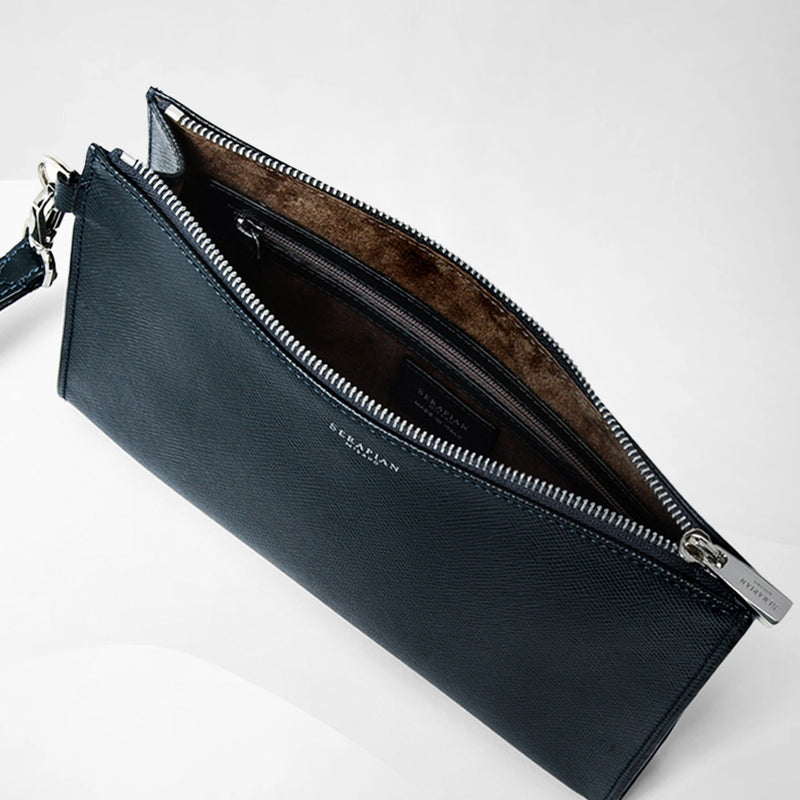 Pouch with zip in evoluzione leather - navy blue