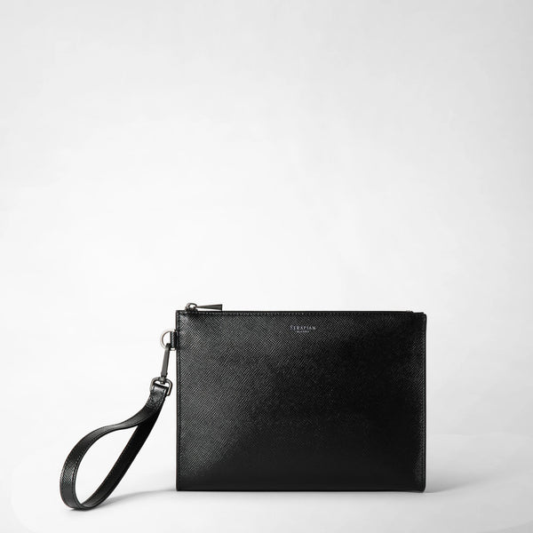 Pouch with zip in evoluzione leather - black eclipse