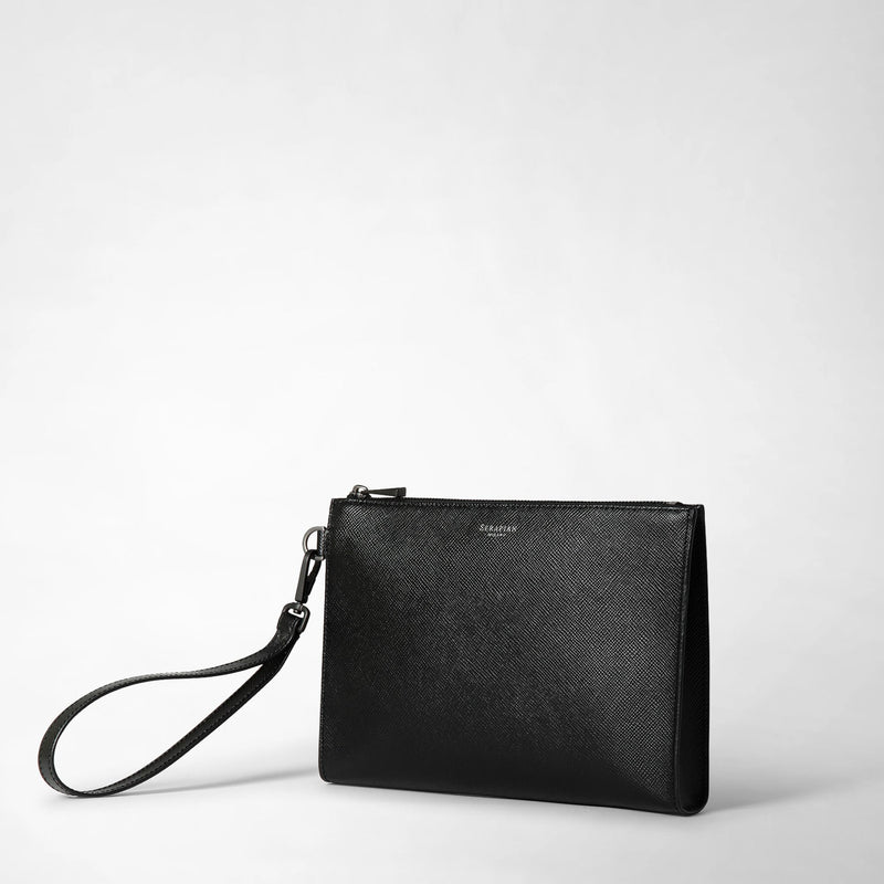 Pouch with zip in evoluzione leather - black eclipse