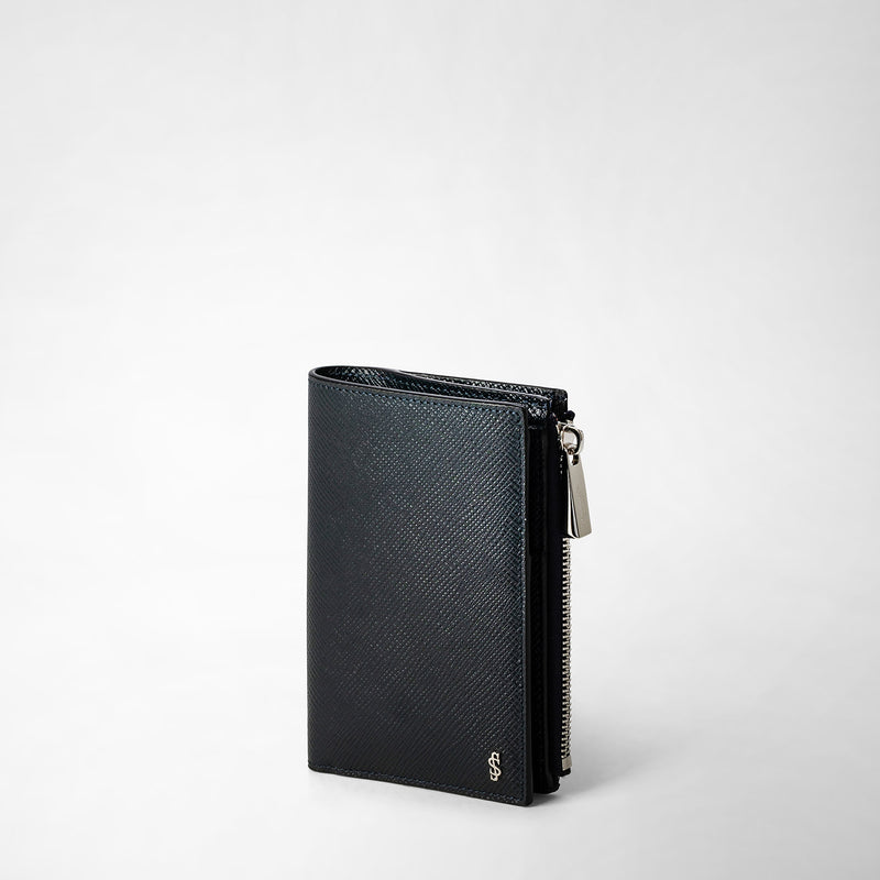 Vertical billfold with zip in evoluzione leather - navy blue