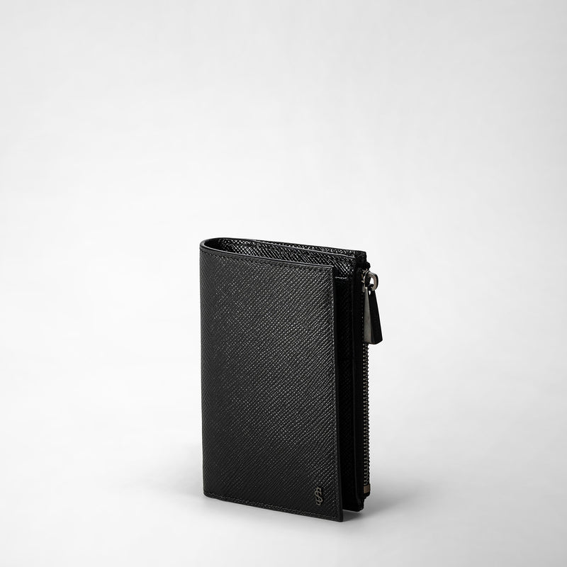 Vertical billfold with zip in evoluzione leather - black eclipse