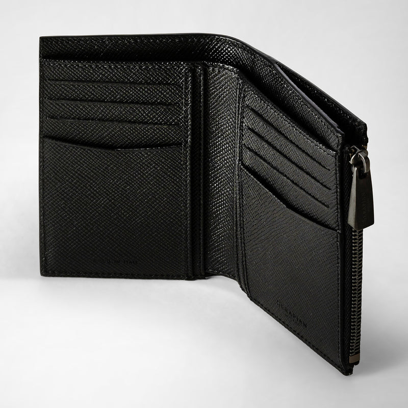 Vertical billfold with zip in evoluzione leather - black eclipse