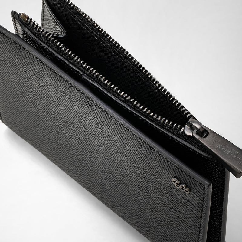 Vertical billfold with zip in evoluzione leather - black eclipse