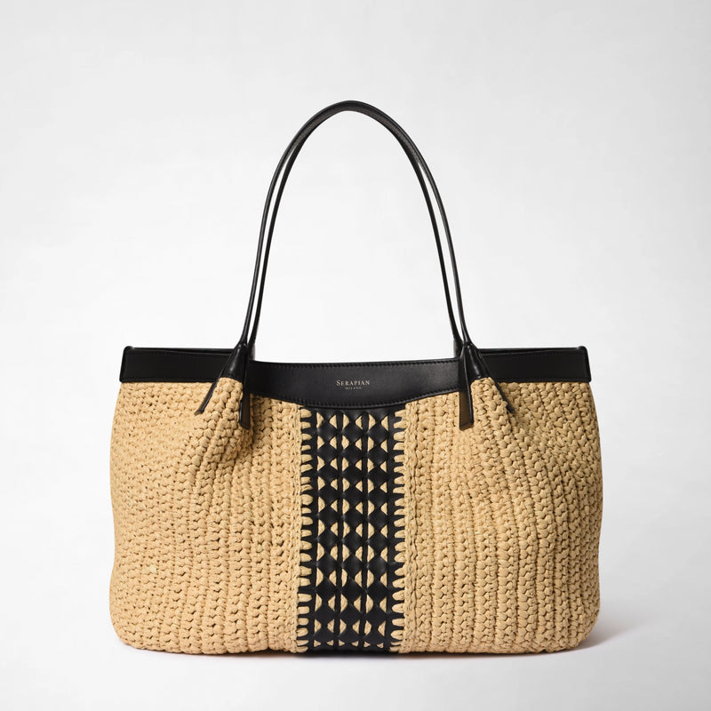 Secret tote bag in raffia intrecci - natural/black