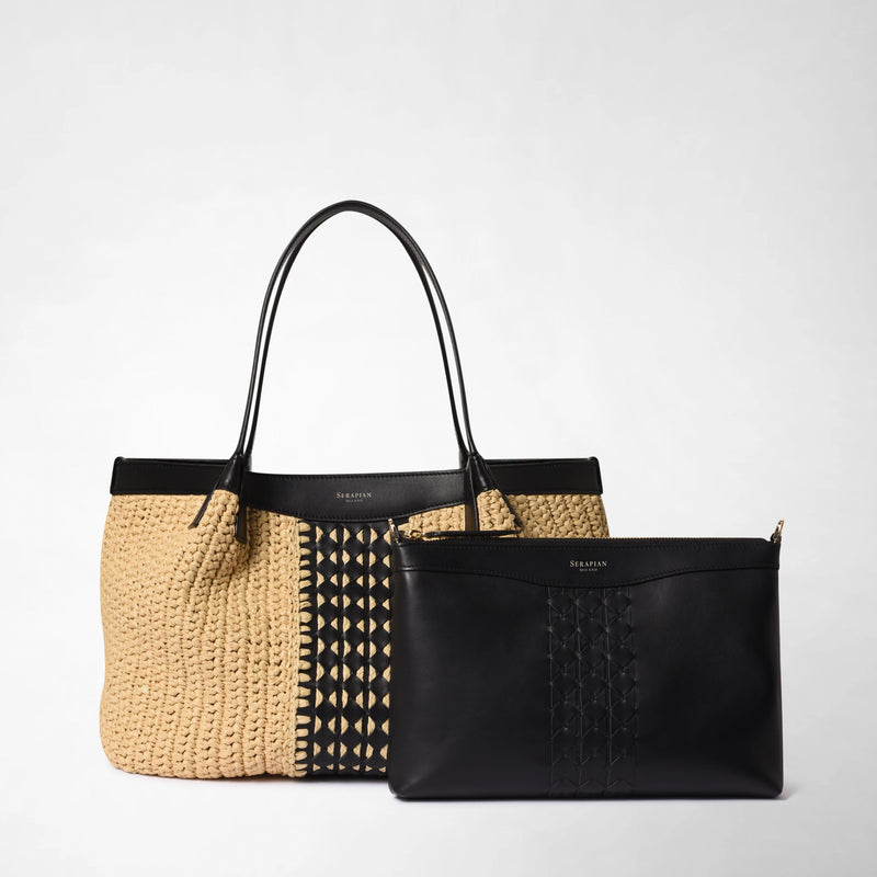 Secret tote bag in raffia intrecci - natural/black