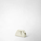 Front view: MINI SECRET CLUTCH BAG IN MOSAICO MICROCHAIN stands against a light studio background; cream-colored leather features a dense geometric mosaic pattern.