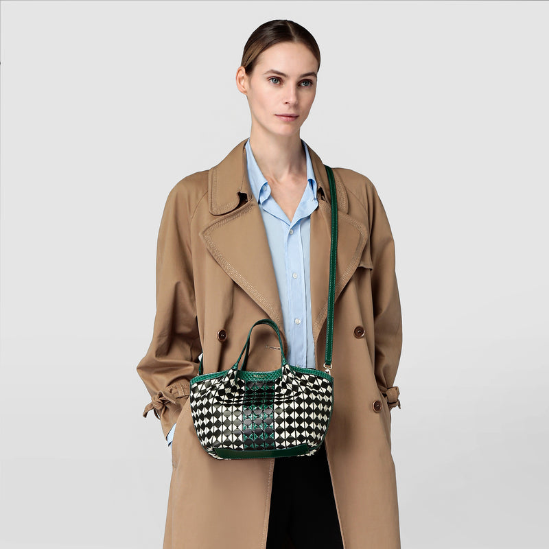 Mini secret bag in mosaico and elaphe - black/off-white/emerald