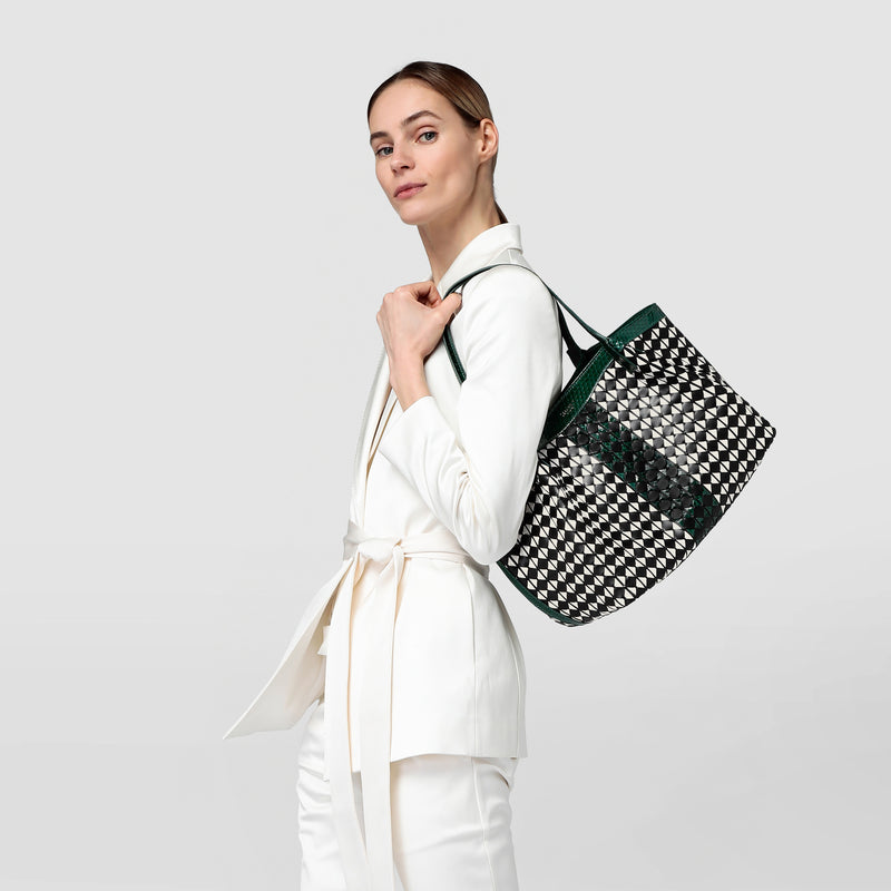Sac cabas secret small en mosaico et elaphe - black/off-white/emerald