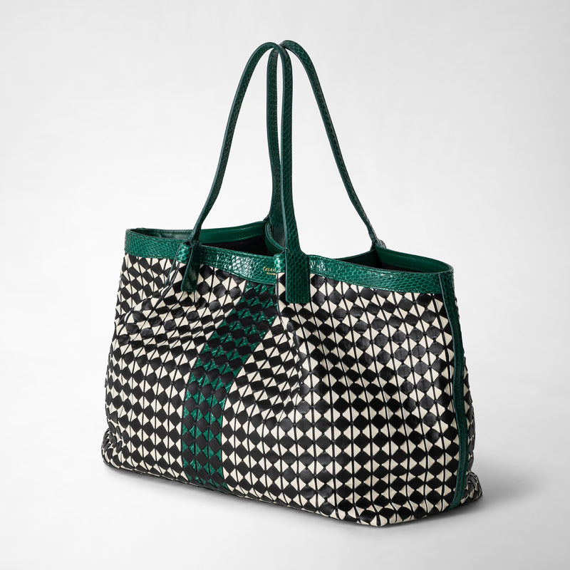 Secret tote bag in mosaico and elaphe - black/off-white/emerald