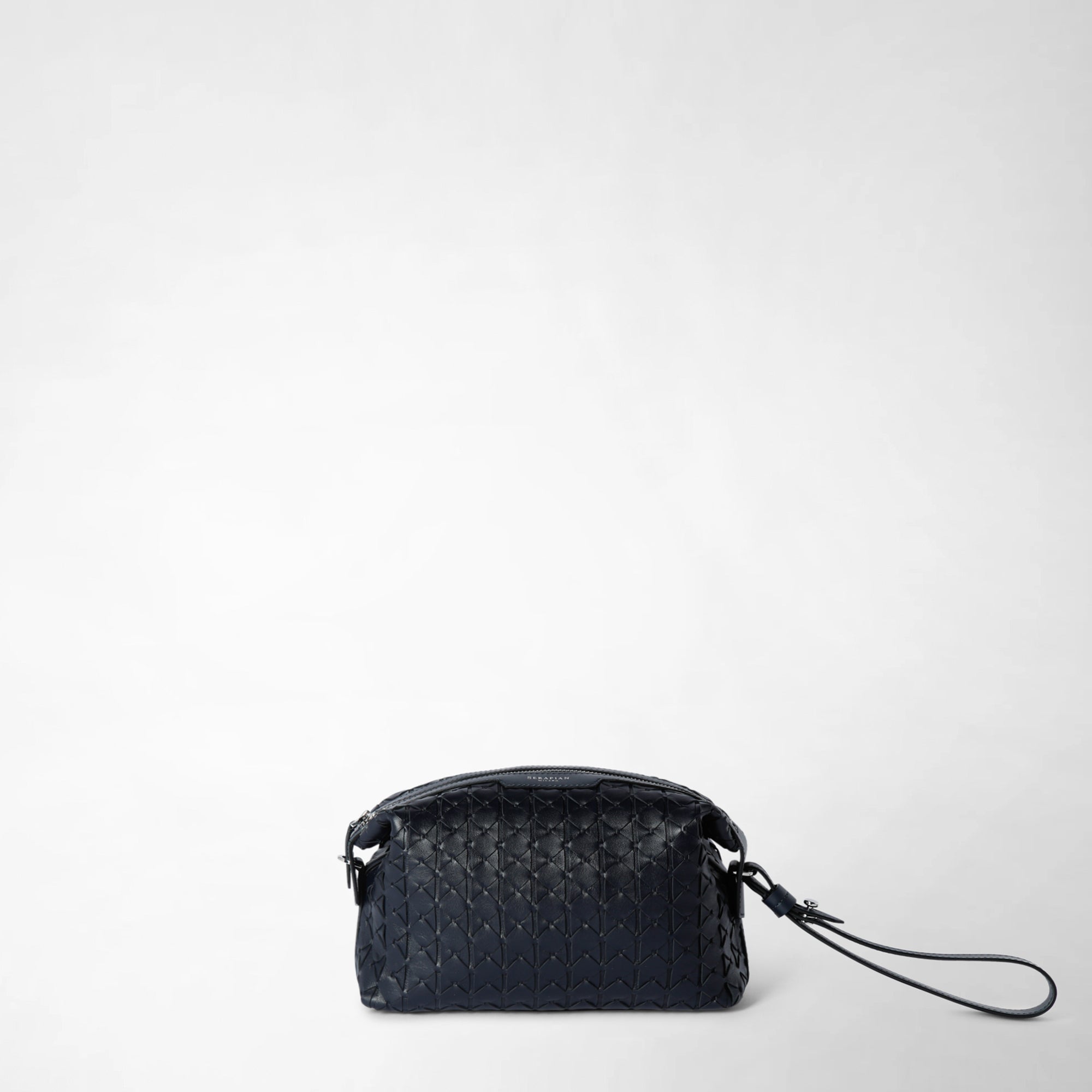 Front view of the 2-in-1 CLUTCH IN MOSAICO made of navy blue, mosaic-style woven nappa leather with detachable wrist strap against a light background.