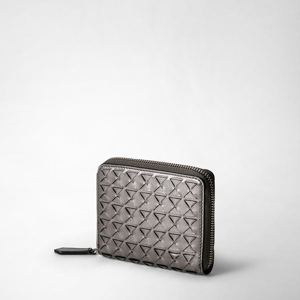 Front view of the MINI ZIP WALLET IN MOSAICO featuring a zip-around closure and distinctive graphic Mosaico pattern in ruthenium nappa leather.