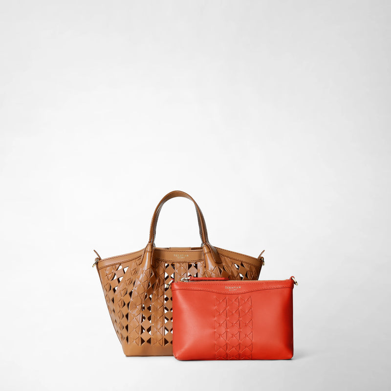 Mini secret bag in mosaico see through - tan/coral red