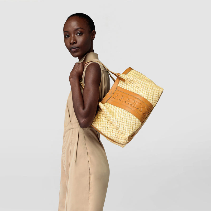 Small secret tote bag in raffia and seta leather - natural/almond