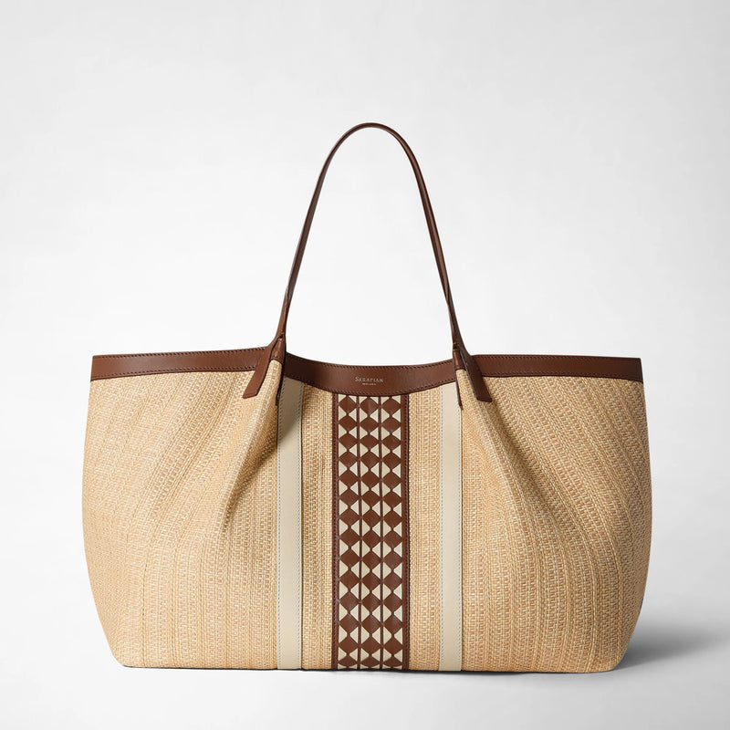 Sac cabas secret en raphia et cuir seta - natural/tan/off-white