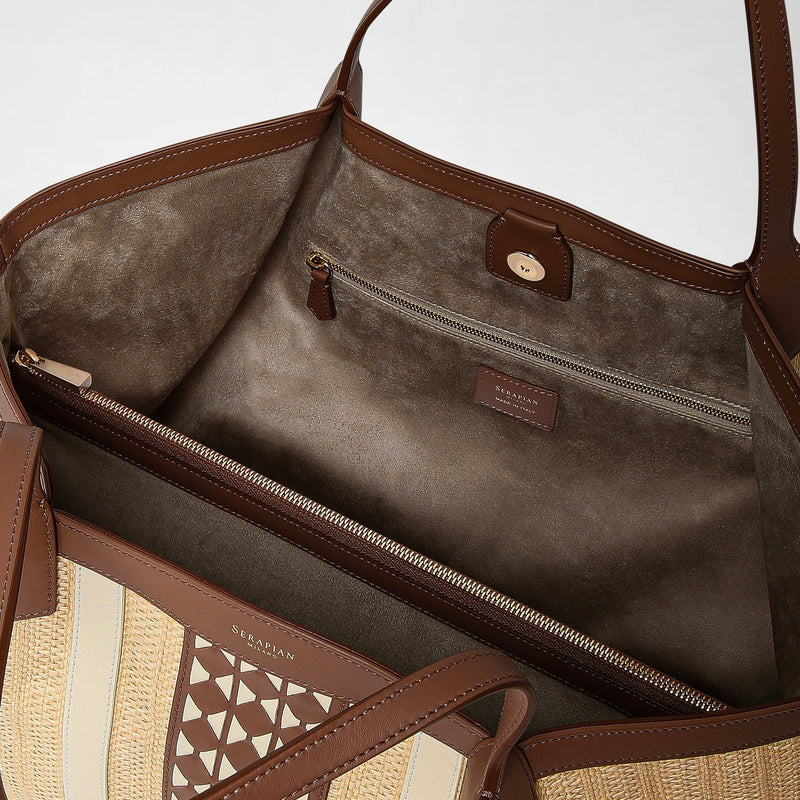 Sac cabas secret en raphia et cuir seta - natural/tan/off-white