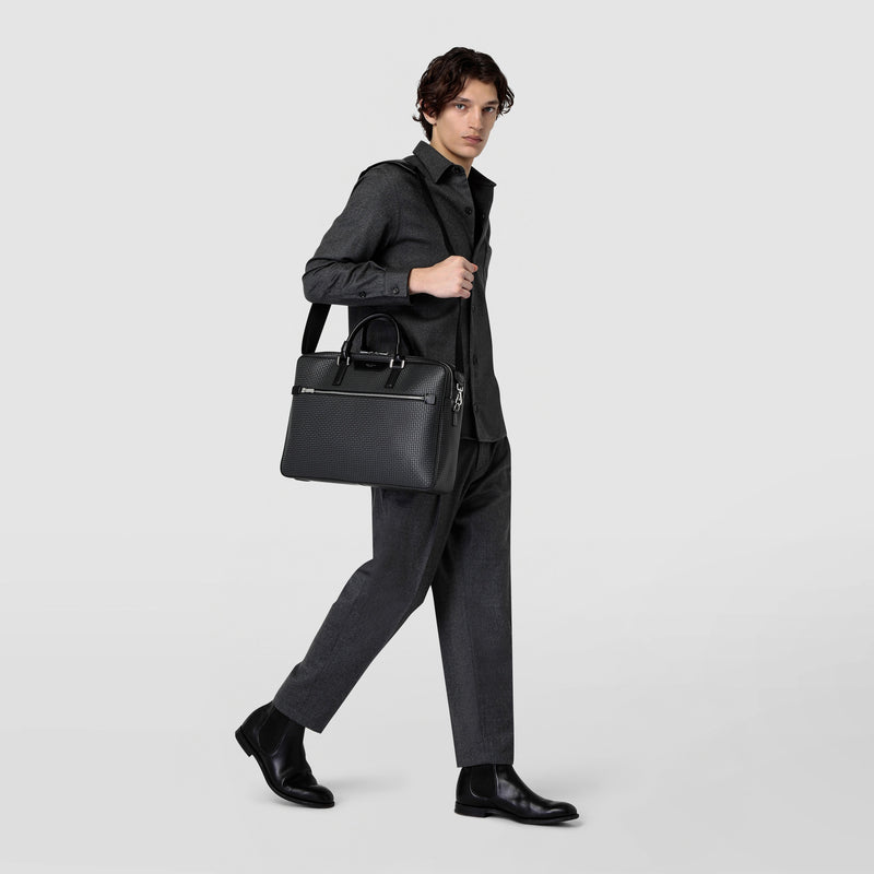 Double gusset briefcase in stepan - asphalt gray/black