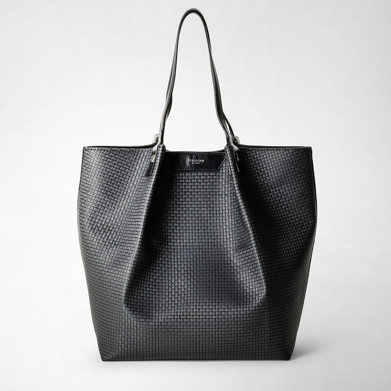 Front view of the VERTICAL SECRET TOTE BAG IN STEPAN, a large asphalt gray tote bag with textured Stepan canvas, black leather handles, and visible Serapian logo.