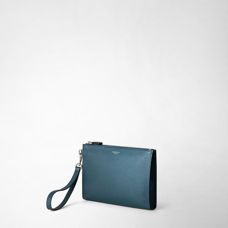 Pouch with zip in cachemire leather - denim blue