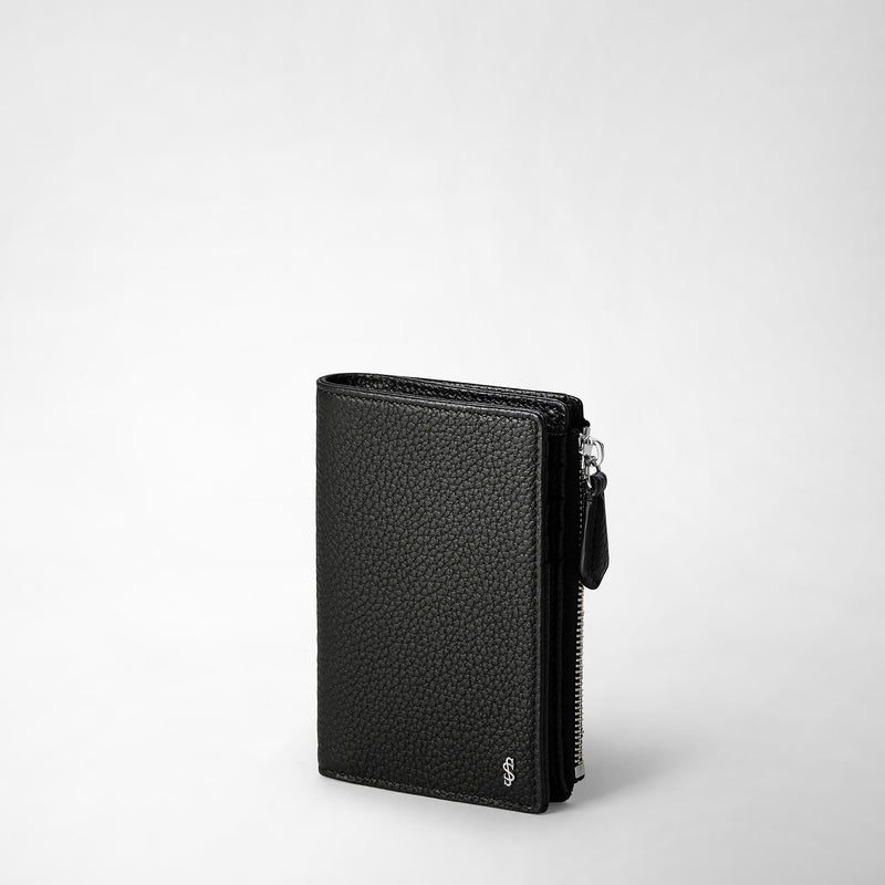 Vertical billfold with zip in cachemire leather - black