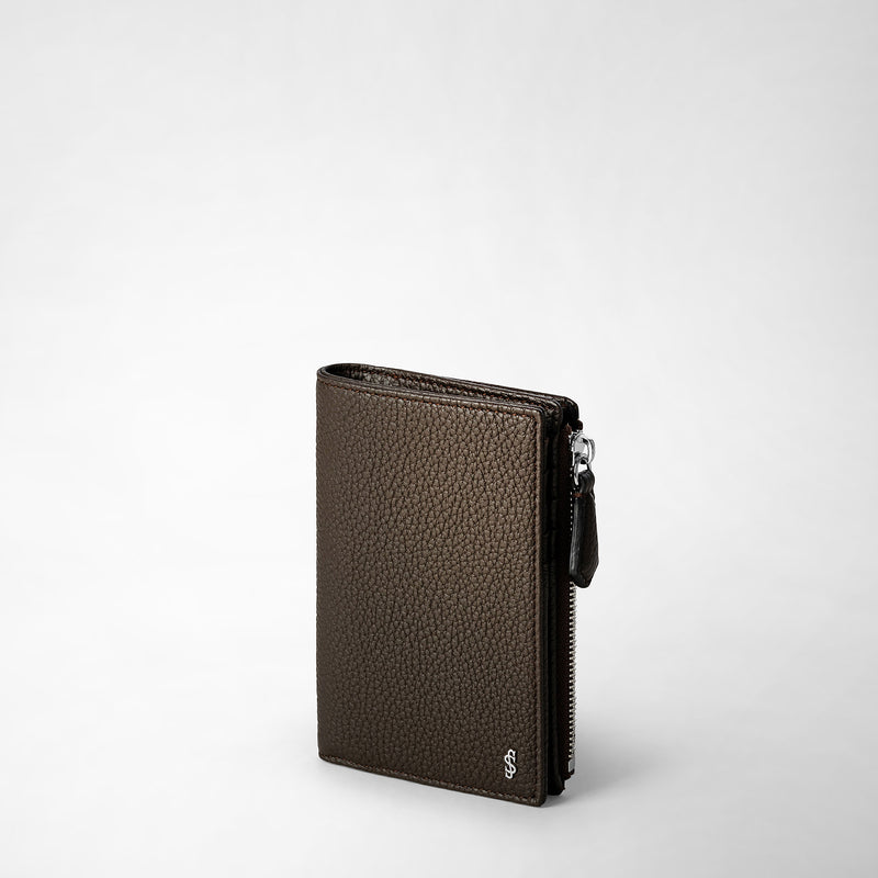 Vertical billfold with zip in cachemire leather - espresso