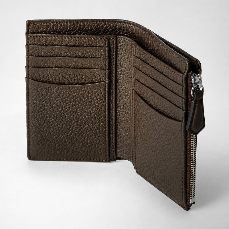 Vertical billfold with zip in cachemire leather - espresso
