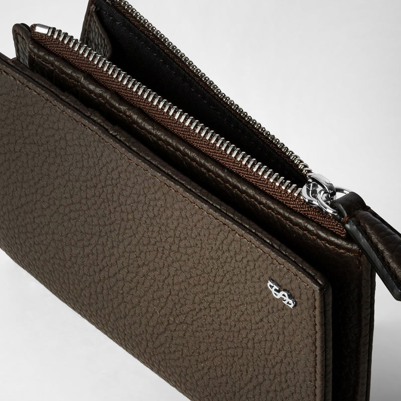 Vertical billfold with zip in cachemire leather - espresso