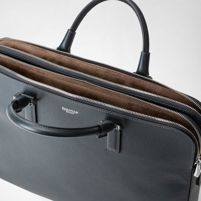 Slim briefcase with double zip in evoluzione leather - navy blue