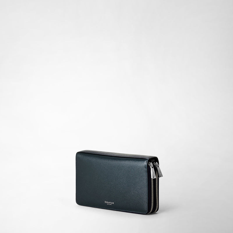 Compagnon de voyage avec double fermeture éclair en cuir evoluzione - navy blue