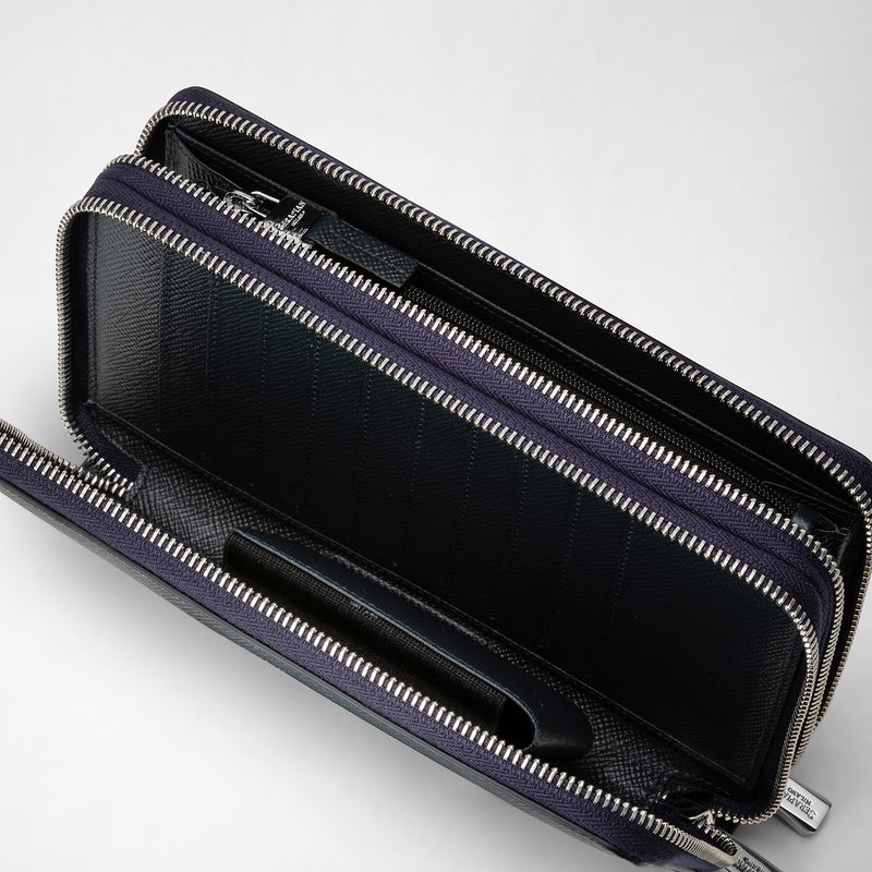 Compagnon de voyage avec double fermeture éclair en cuir evoluzione - navy blue