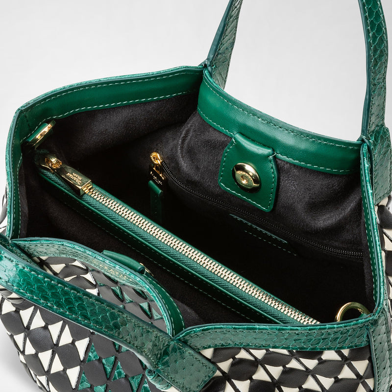 Mini secret bag in mosaico and elaphe - black/off-white/emerald