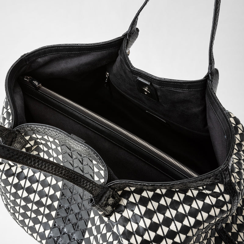 Secret tote bag in mosaico and elaphe - black/off-white