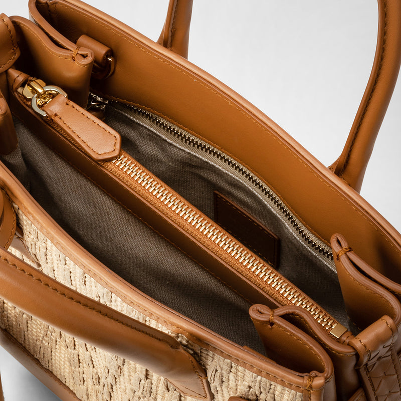 Meline' handbag in raffia and seta leather - natural/caramel