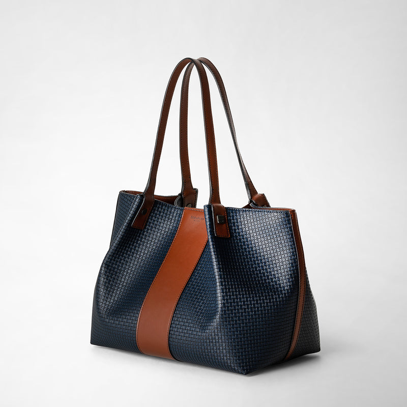 Small secret tote bag in stepan 72 - ocean blue/cuoio